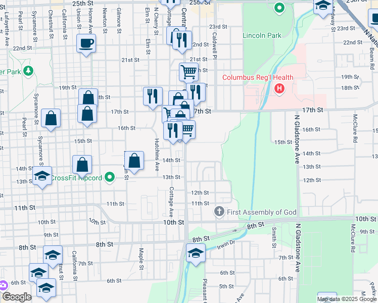 map of restaurants, bars, coffee shops, grocery stores, and more near 1441 Central Avenue in Columbus