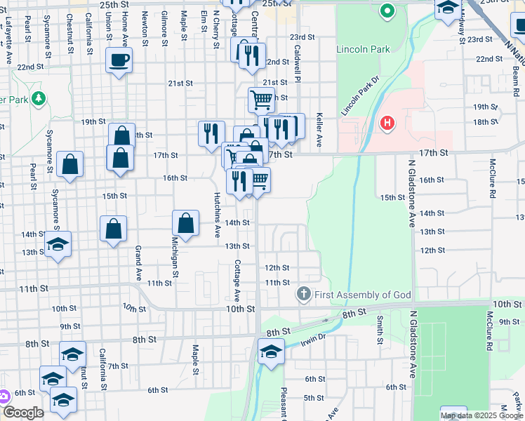 map of restaurants, bars, coffee shops, grocery stores, and more near 1441 Central Avenue in Columbus