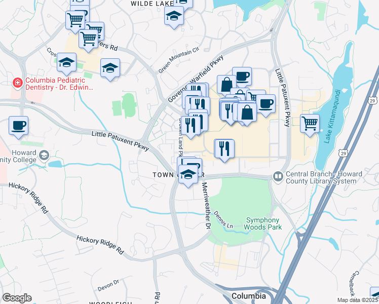 map of restaurants, bars, coffee shops, grocery stores, and more near Gramercy Place in Columbia
