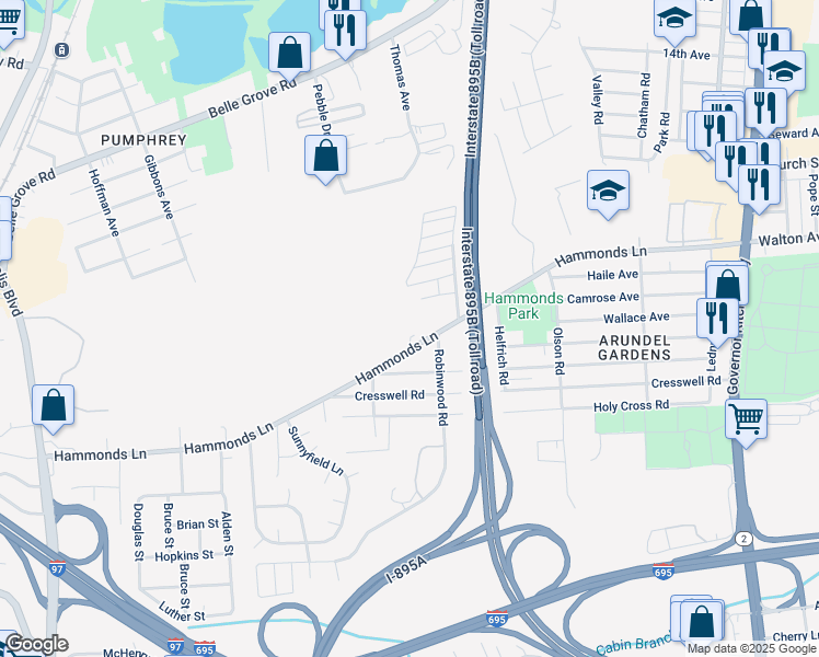 map of restaurants, bars, coffee shops, grocery stores, and more near 602 Hammonds Lane in Anne Arundel County