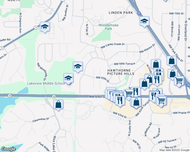map of restaurants, bars, coffee shops, grocery stores, and more near 6501 North Fisk Court in Kansas City