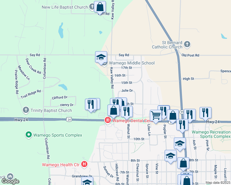 map of restaurants, bars, coffee shops, grocery stores, and more near 1436 Julie Drive in Wamego