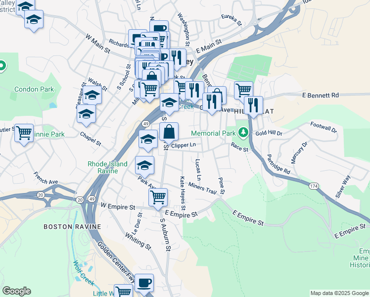 map of restaurants, bars, coffee shops, grocery stores, and more near 123 Race Street in Grass Valley