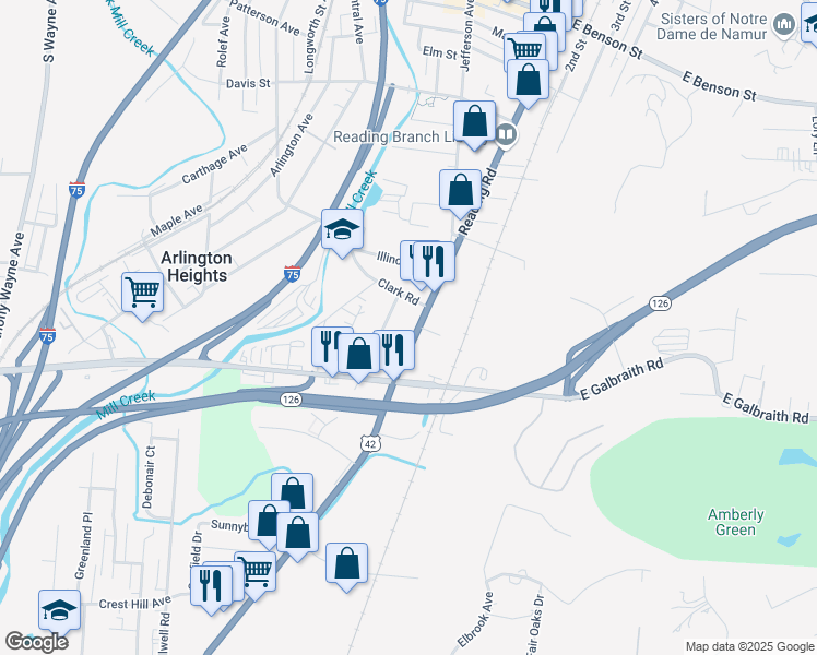 map of restaurants, bars, coffee shops, grocery stores, and more near 8423 Reading Road in Cincinnati