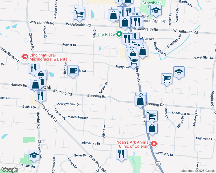 map of restaurants, bars, coffee shops, grocery stores, and more near 7256 Boleyn Drive in Cincinnati