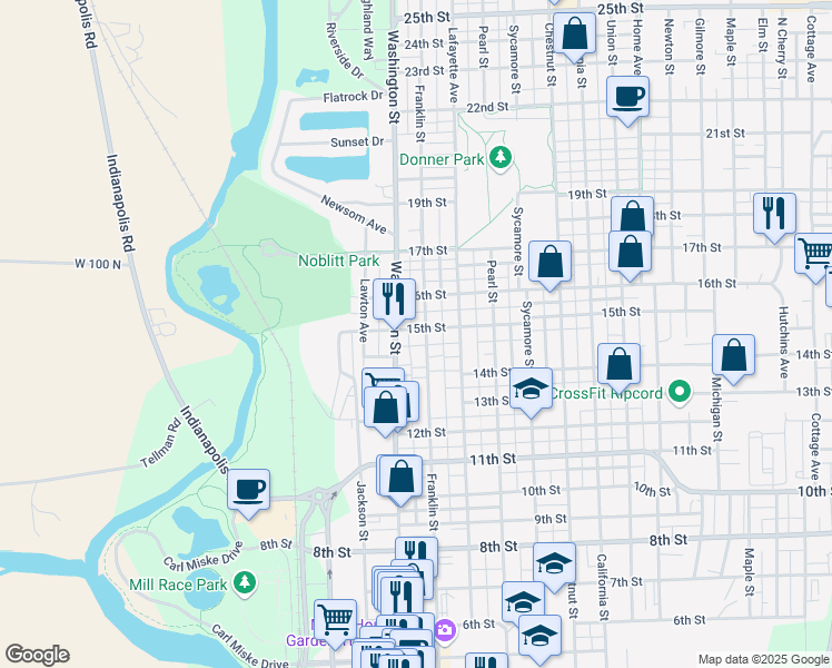 map of restaurants, bars, coffee shops, grocery stores, and more near 1443 Franklin Street in Columbus