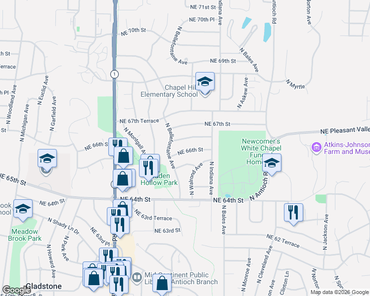 map of restaurants, bars, coffee shops, grocery stores, and more near 3112 Northeast 66th Street in Kansas City