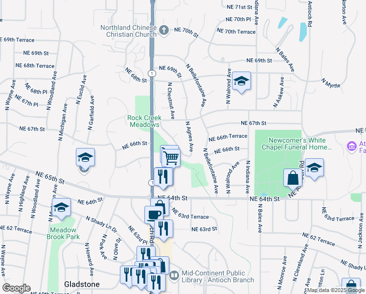 map of restaurants, bars, coffee shops, grocery stores, and more near 6512 North Montgall Avenue in Gladstone