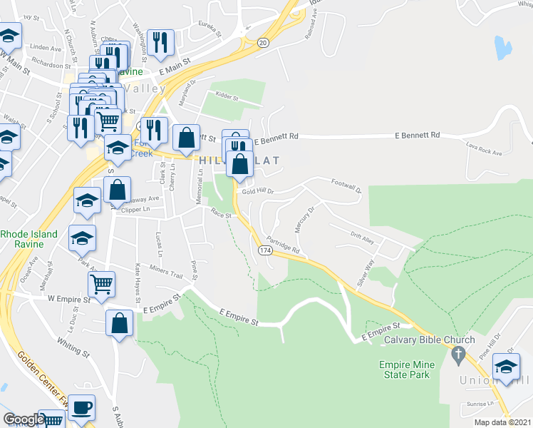map of restaurants, bars, coffee shops, grocery stores, and more near 10511 Partridge Road in Grass Valley