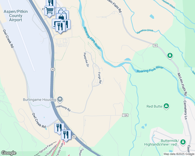 map of restaurants, bars, coffee shops, grocery stores, and more near 67 Molly Court in Aspen