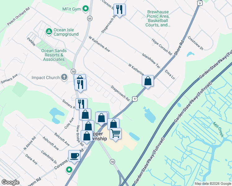 map of restaurants, bars, coffee shops, grocery stores, and more near 1526 Stagecoach Road in Upper Township