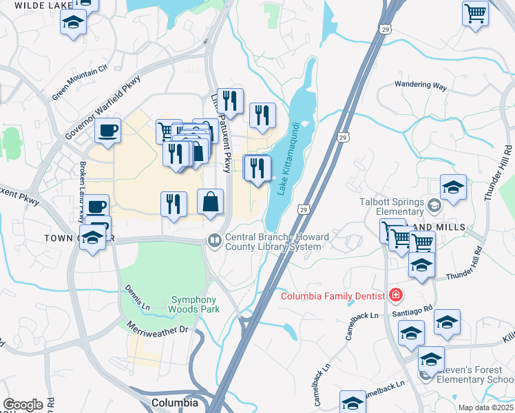 map of restaurants, bars, coffee shops, grocery stores, and more near 10285 Little Patuxent Parkway in Columbia
