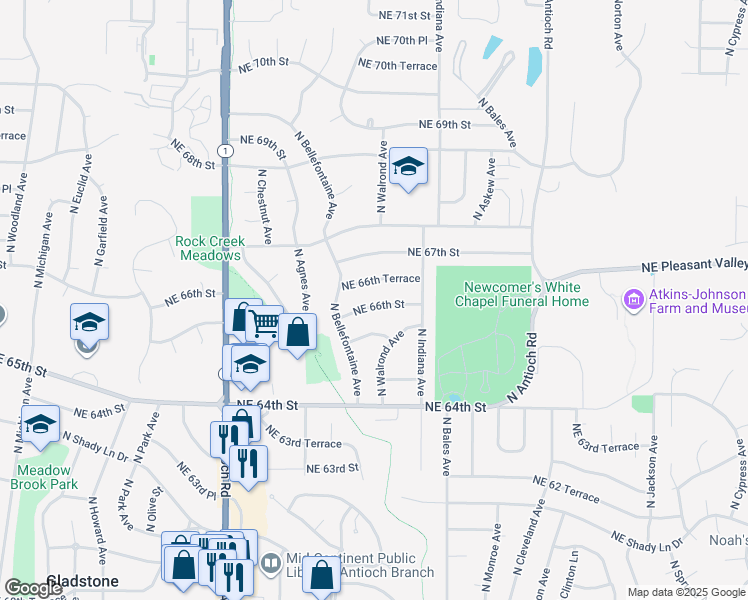 map of restaurants, bars, coffee shops, grocery stores, and more near 3112 Northeast 66th Street in Kansas City