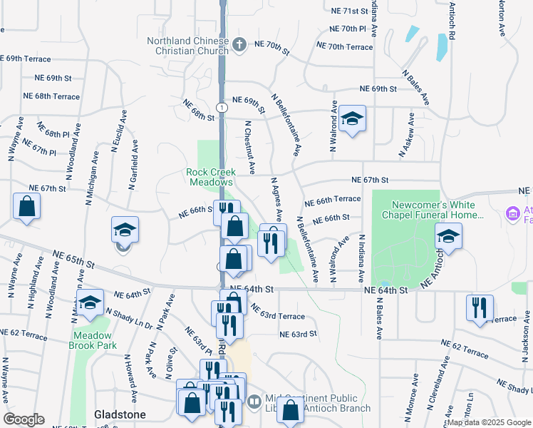 map of restaurants, bars, coffee shops, grocery stores, and more near 6512 North Montgall Avenue in Gladstone