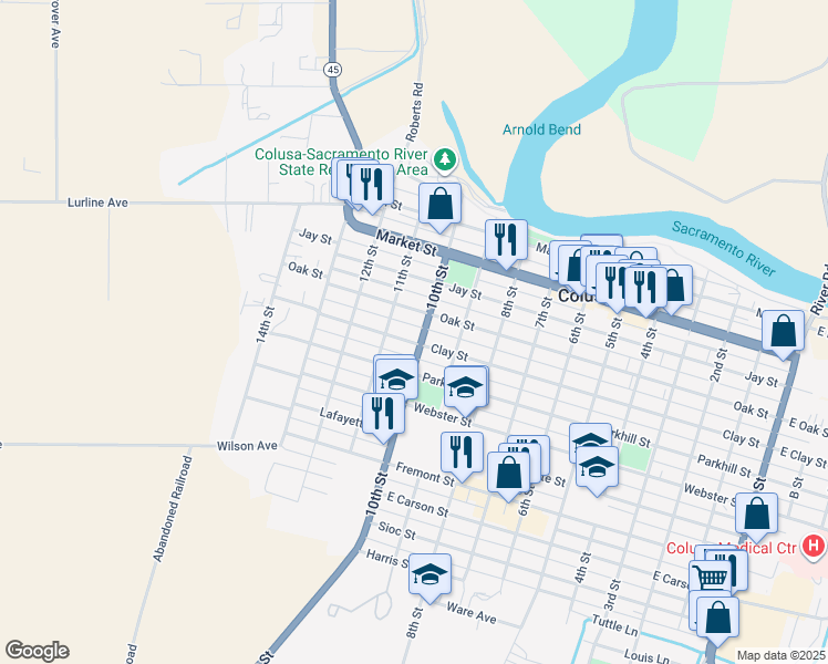 map of restaurants, bars, coffee shops, grocery stores, and more near 436 10th Street in Colusa