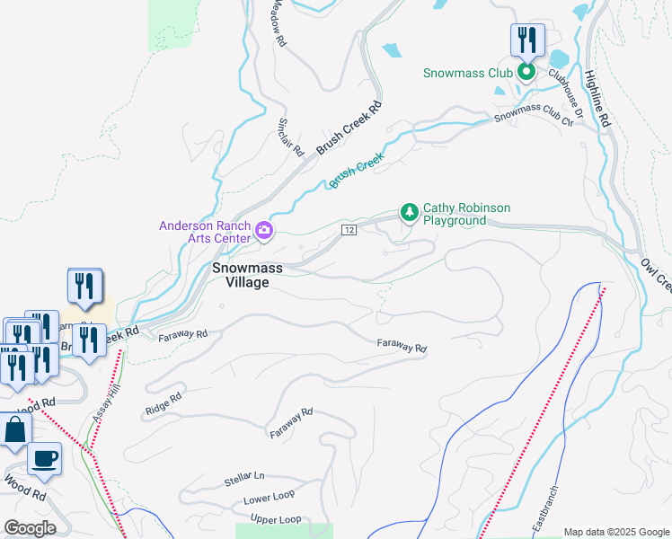 map of restaurants, bars, coffee shops, grocery stores, and more near 20 Meadow Ranch Road in Aspen