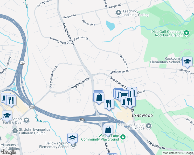 map of restaurants, bars, coffee shops, grocery stores, and more near 5830 Blue Sky in Elkridge