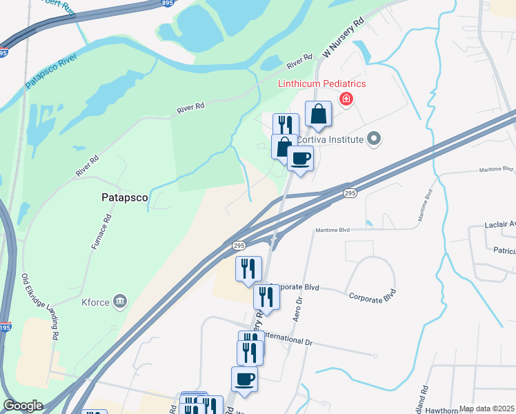 map of restaurants, bars, coffee shops, grocery stores, and more near Pinnacle Drive in Linthicum Heights