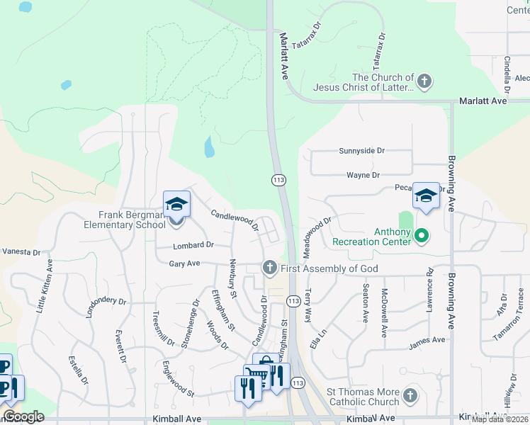 map of restaurants, bars, coffee shops, grocery stores, and more near 2600 Candlewood Drive in Manhattan