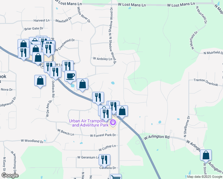 map of restaurants, bars, coffee shops, grocery stores, and more near 4312 North Rindle Lane in Bloomington