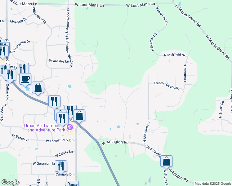 map of restaurants, bars, coffee shops, grocery stores, and more near 3907 North Sugar Lane in Bloomington