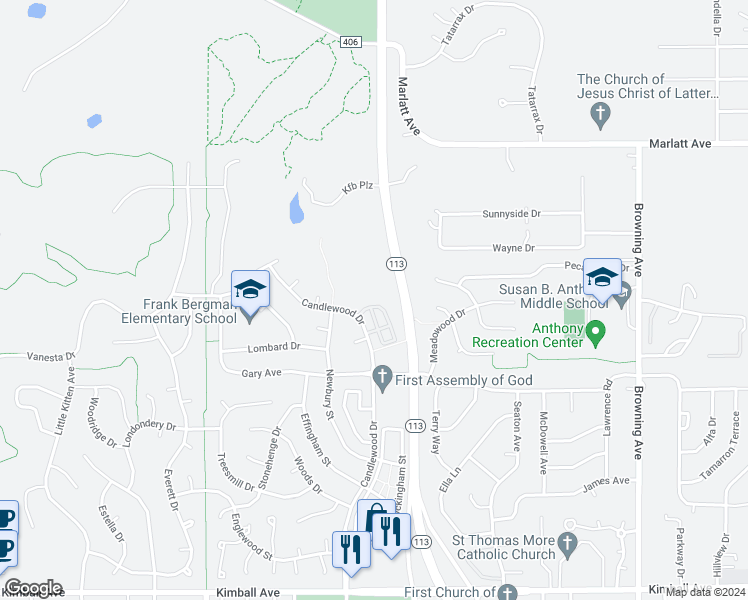 map of restaurants, bars, coffee shops, grocery stores, and more near 2550 Candlecrest Circle in Manhattan