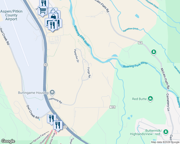 map of restaurants, bars, coffee shops, grocery stores, and more near 67 Molly Court in Aspen