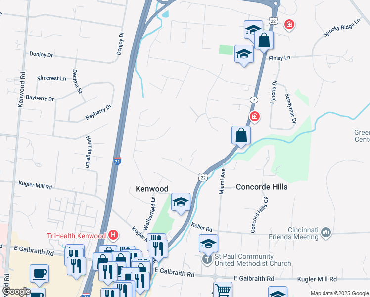 map of restaurants, bars, coffee shops, grocery stores, and more near 7100 Dearwester Drive in Cincinnati