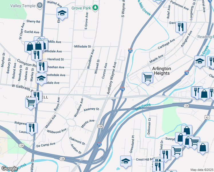 map of restaurants, bars, coffee shops, grocery stores, and more near 8321 Anthony Wayne Avenue in Cincinnati
