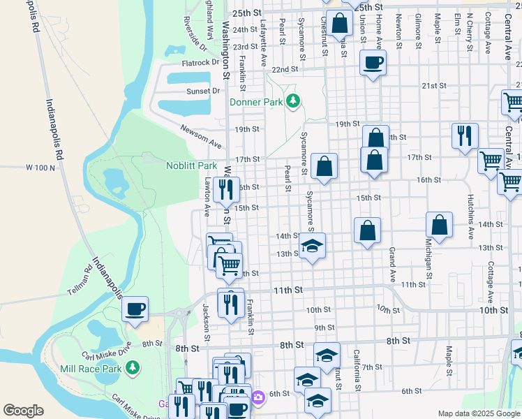 map of restaurants, bars, coffee shops, grocery stores, and more near 1443 Franklin Street in Columbus