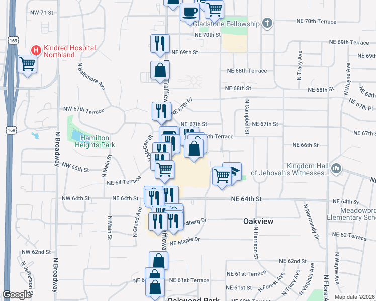 map of restaurants, bars, coffee shops, grocery stores, and more near 6907 North Cherry Street in Kansas City