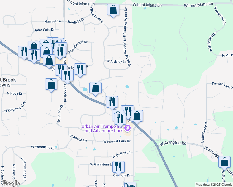 map of restaurants, bars, coffee shops, grocery stores, and more near 4312 North Rindle Lane in Bloomington