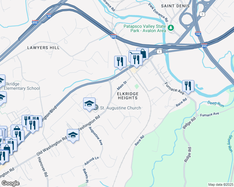 map of restaurants, bars, coffee shops, grocery stores, and more near 5869 Main Street in Elkridge