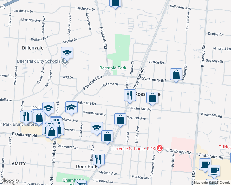 map of restaurants, bars, coffee shops, grocery stores, and more near 8467 Vorhees Lane in Cincinnati