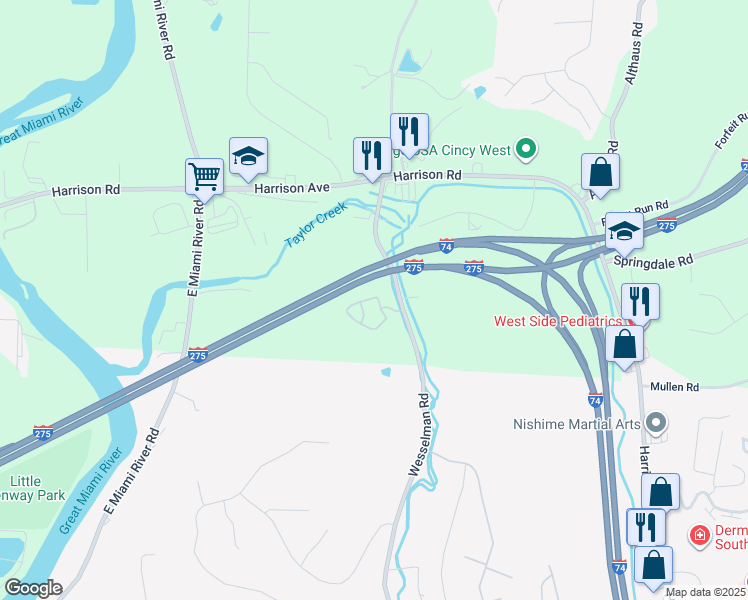 map of restaurants, bars, coffee shops, grocery stores, and more near 7510 Country Village Drive in Cleves