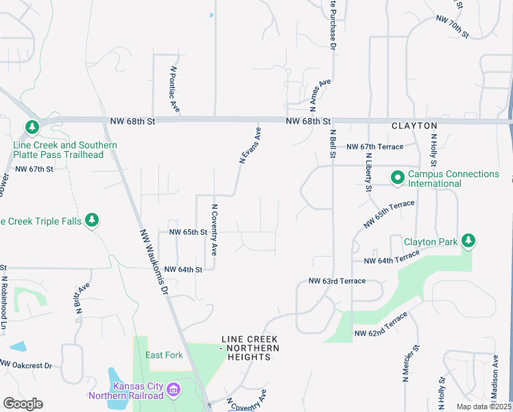 map of restaurants, bars, coffee shops, grocery stores, and more near 6512 North Harden Avenue in Kansas City