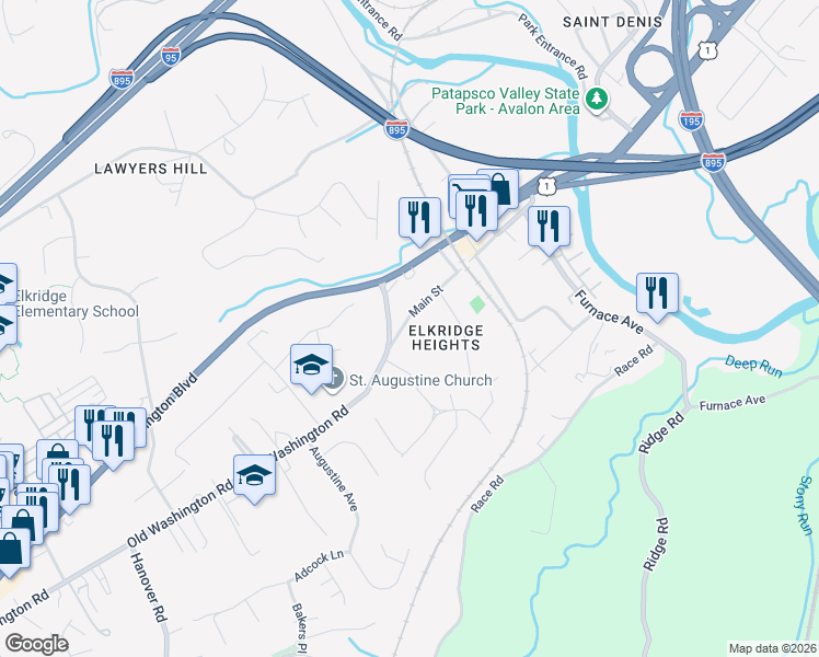 map of restaurants, bars, coffee shops, grocery stores, and more near 5869 Main Street in Elkridge