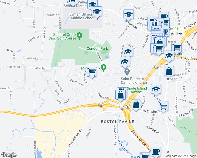 map of restaurants, bars, coffee shops, grocery stores, and more near 108 Hocking Avenue in Grass Valley