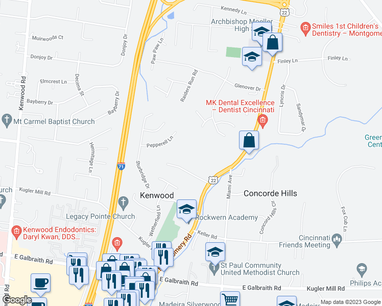 map of restaurants, bars, coffee shops, grocery stores, and more near 7100 Dearwester Drive in Cincinnati