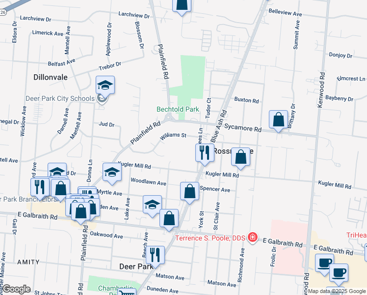 map of restaurants, bars, coffee shops, grocery stores, and more near 8481 Beech Avenue in Cincinnati