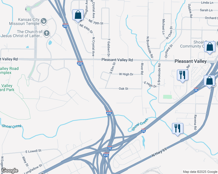 map of restaurants, bars, coffee shops, grocery stores, and more near 7502 Oak Street in Pleasant Valley
