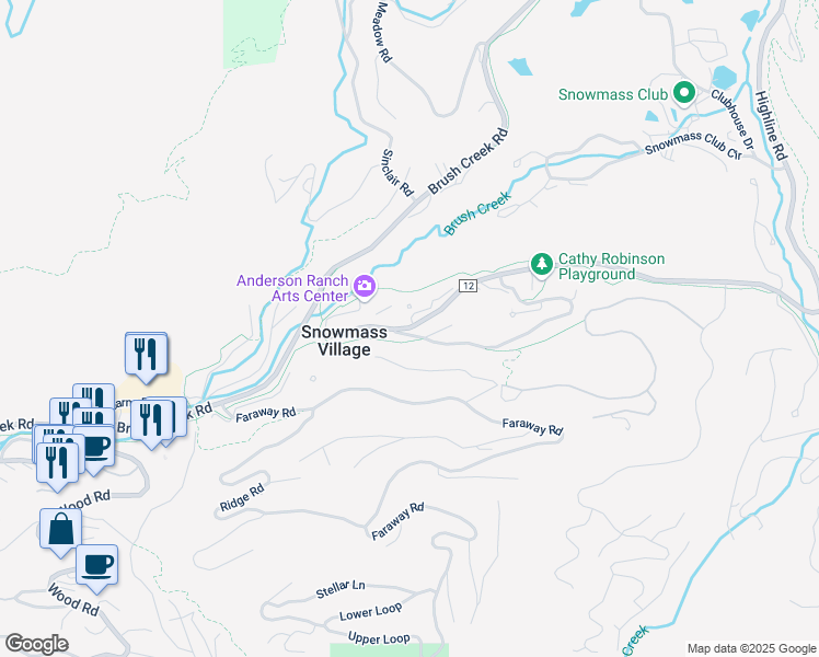 map of restaurants, bars, coffee shops, grocery stores, and more near 28 Meadow Ranch Road in Aspen