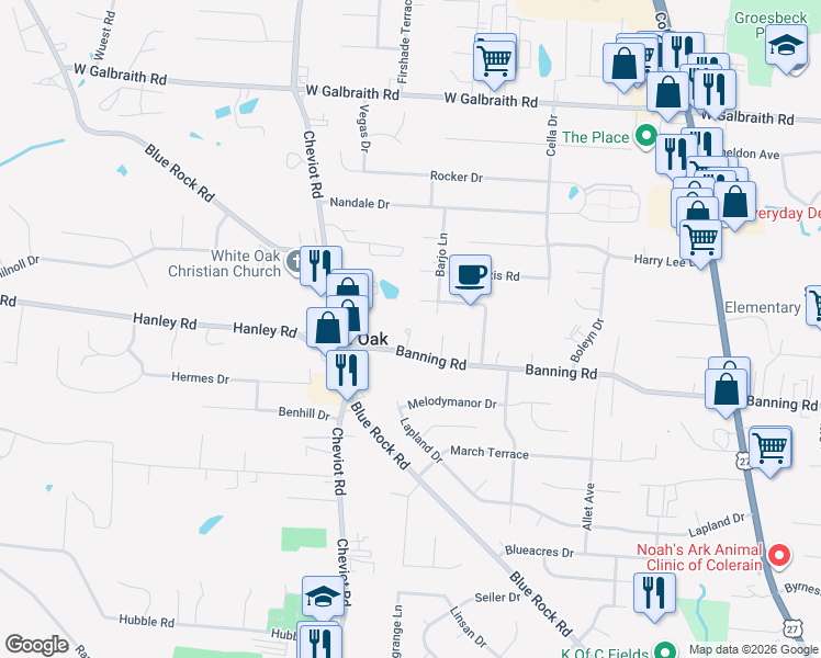 map of restaurants, bars, coffee shops, grocery stores, and more near 3510 Banning Road in Cincinnati