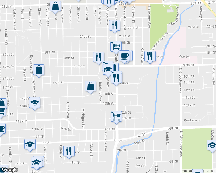 map of restaurants, bars, coffee shops, grocery stores, and more near 1502 Cottage Avenue in Columbus