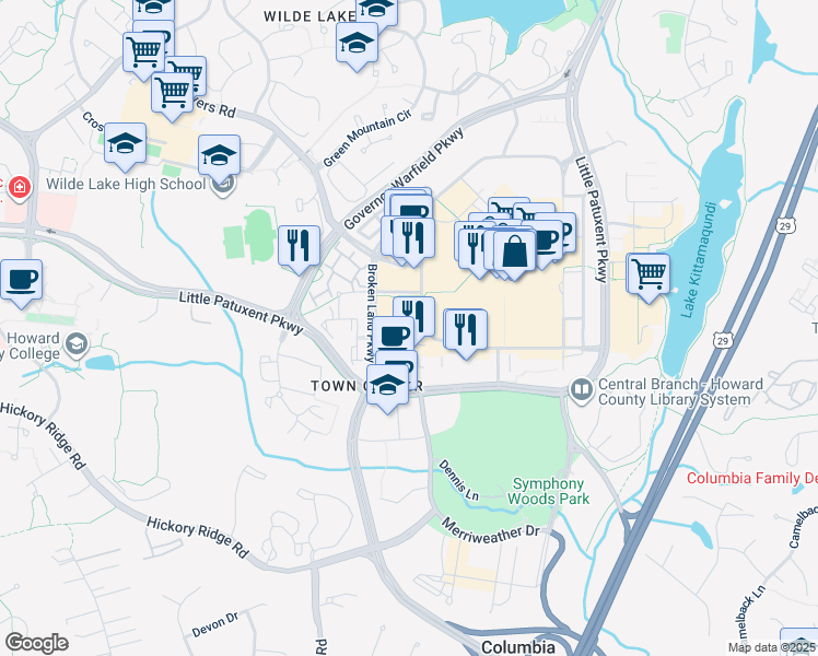 map of restaurants, bars, coffee shops, grocery stores, and more near 10000 Town Center Avenue in Columbia