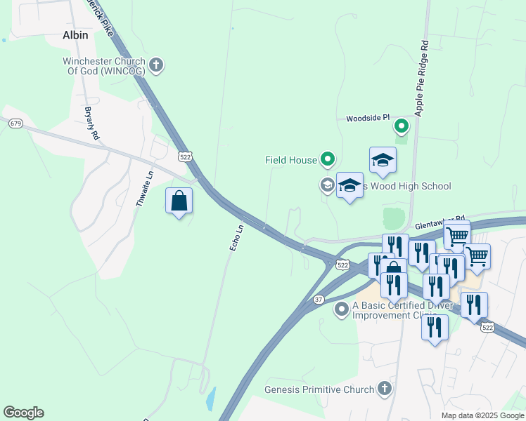 map of restaurants, bars, coffee shops, grocery stores, and more near 125 Ashton Drive in Winchester