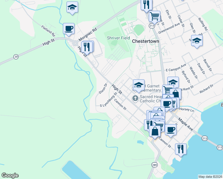 map of restaurants, bars, coffee shops, grocery stores, and more near 661 High Street in Chestertown