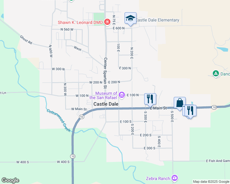 map of restaurants, bars, coffee shops, grocery stores, and more near 65 East 100 North in Castle Dale