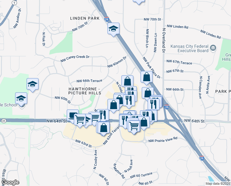 map of restaurants, bars, coffee shops, grocery stores, and more near 6500 North Cosby Avenue in Kansas City