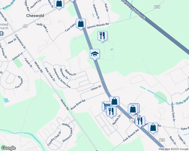 map of restaurants, bars, coffee shops, grocery stores, and more near 58 Pinewood Acres Avenue in Dover
